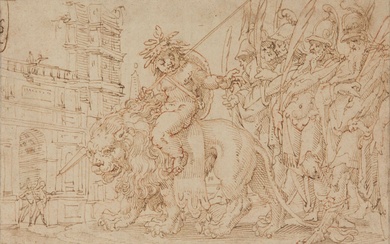 École allemande du XVIIème siècle Bacchus enfant sur un lion Plume et encre brune, sur...