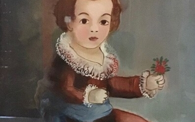 Ecole du XX° siècle "Portrait présumé de Louis XVII assis sur un coussin" Gouache sur...