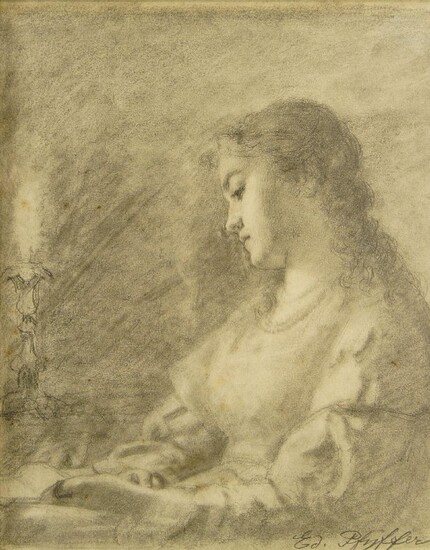 Eduard Pfyffer, Swiss 1836-1899- Girl reading by candlelight; pencil and chalk on paper, signed lower right, inscribed to the reverse of the frame, 20.5 x 16.5 cm