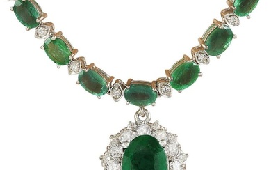 Emerald Diamond Necklace 14K White Gold