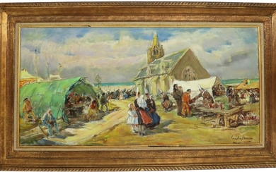 Emile SIMON (1890-1976) "Chapelle Notre-Dame de la Joie, Saint-Guénolé, Fête du Pardon", oil on canvas, signed lower right, 40 x 80 cm