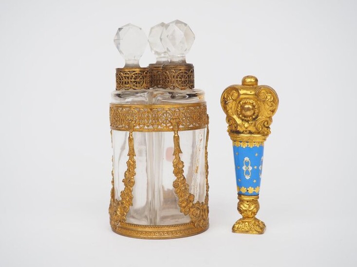 Empire style 19th century scent bottle in bronze and crystal and 19th century enamel and pompom stamp.