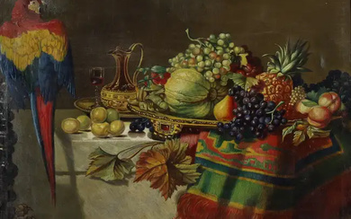 European School, late 19th century- Still life with grapes, melon, and a...