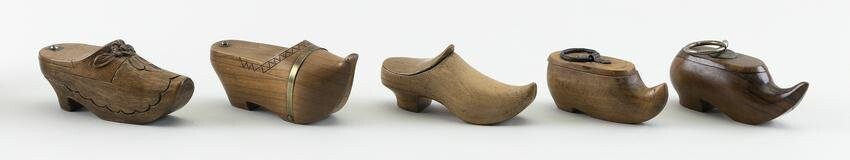 FIVE ENGLISH/CONTINENTAL CLOG-FORM TREEN SNUFF BOXES