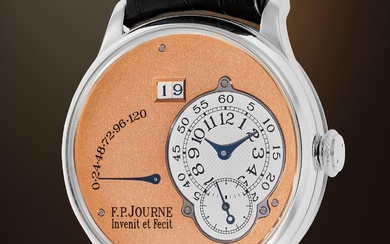 F.P. Journe, A very rare, early, and highly attractive platinum wristwatch with asymmetric hour and minute display, large date aperture, power reserve, gold dial, and brass movement with presentation box