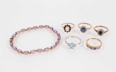 Five 9ct gold gem set dress rings and 9ct gold gem set bracelet