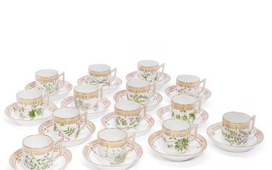 “Flora Danica” 14 porcelain chocolate cups and saucers decorated in colours and...