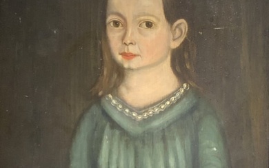 Folk art, young girl, primitive portrait painting