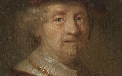 Follower of Govaert Flinck, Dutch 1615-1660- A man, head and shoulders, in a brown cloak, velvet cap and gold chain; oil on panel, bears old typed label '1 Head of Bergomaster, by Ferdinand Bol (signed)' on the reverse, 15.8 x 12.4 cm. Provenance:...