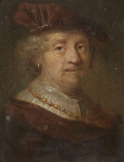 Follower of Govaert Flinck, Dutch 1615-1660- A man, head and shoulders, in a brown cloak, velvet cap and gold chain; oil on panel, bears old typed label '1 Head of Bergomaster, by Ferdinand Bol (signed)' on the reverse, 15.8 x 12.4 cm. Provenance:...