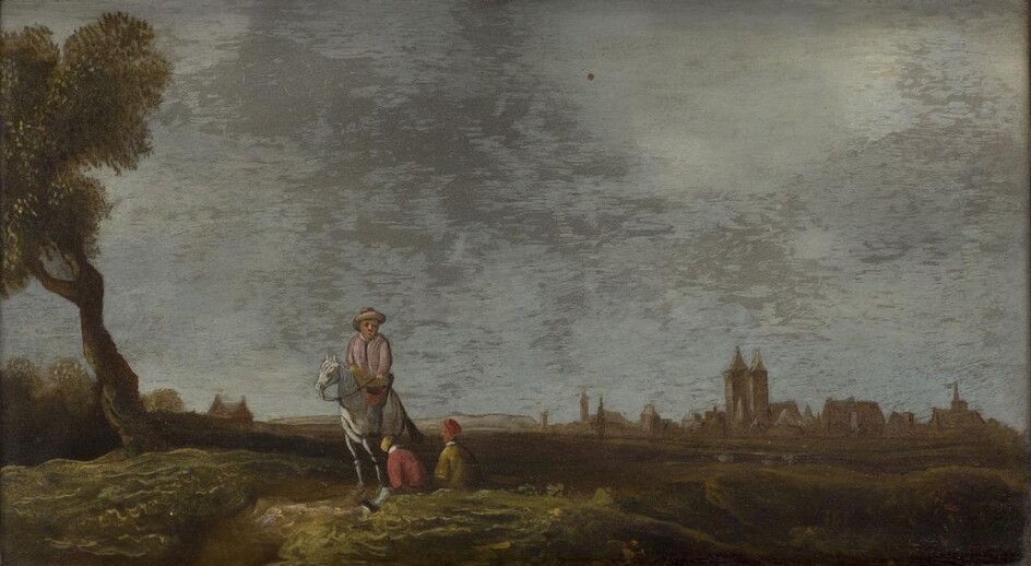 Follower of Pieter de Neyn, Dutch 1597-1639- A man on horseback with two seated figures on the outskirts of a town; oil on panel, 17 x 29.4 cm.