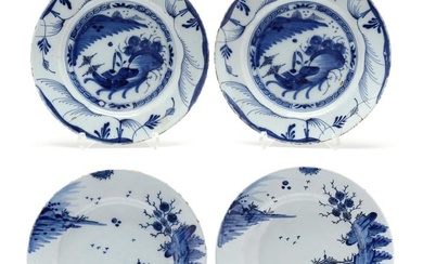 Four English Delft Blue and White Plates