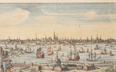 Francis Garden, British (1709-1768), View of Antwerp, c. 17th century, hand-colored engraving on