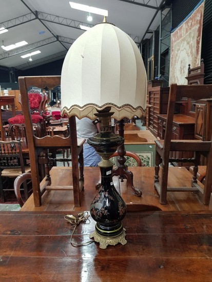 French Antique Style Ceramic Lamp, of baluster form, in black with pheasant print