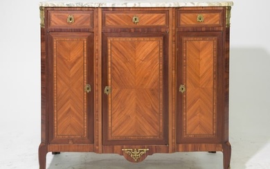 French Marble Top Marquetry Inlaid Mahogany Buffet