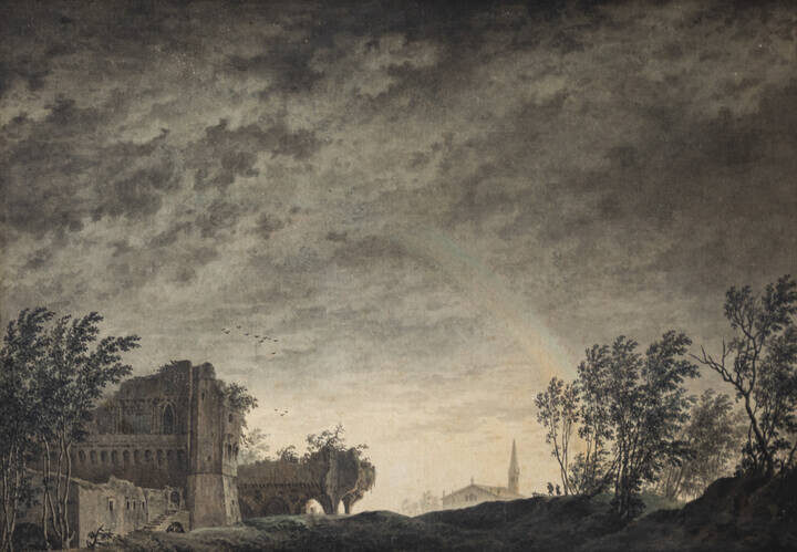 GIUSEPPE PIETRO BAGETTI<BR>Torino 1764 - 1831<BR>"Paesaggio con nubi, rovine ed arcobaleno"