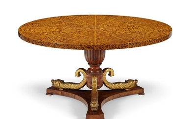 GRAIN-PAINTED, PARCEL-GILT MAHOGANY DINING TABLE, FIRST HALF 20TH CENTURY