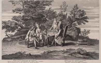 Gacon (17th century, France) after B.Picart (1673-1733), Company with ladies at the outdoor gambling table, 1709, Engraving