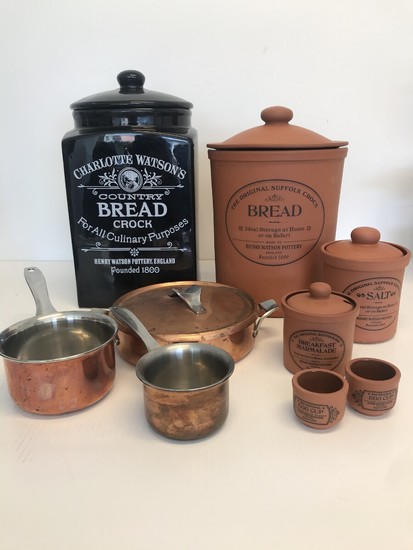 Georg Jensen, Hackmann og Henry Watson Pottery: A collection of kitchenalia comprising three copper pots, four cheramic storage jars and two egg cups. (9)
