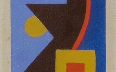 Georges Valmier, French 1885-1937- Abstract composition, circa 1929; gouache pochoir, inscribed on the reverse, Valmier, gouache au pochoir Albert Levy, 1930, 13.8x5.2cm Provenance: Collection Albert Levy, France; Eric Pillon Encheres, Versaille...