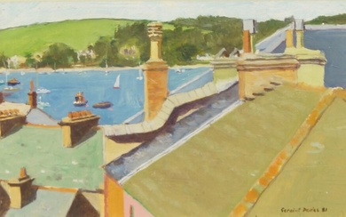 Geraint Davies, British, mid-late 20th century- View from Bar Road, Falmouth, Cornwall, 1981; oil on board, signed and dated, inscribed on the reverse of the frame, 15 x 24 cm (ARR)