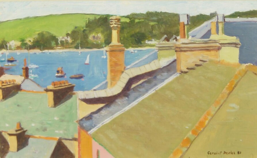 Geraint Davies, British, mid-late 20th century- View from Bar Road, Falmouth, Cornwall, 1981; oil on board, signed and dated, inscribed on the reverse of the frame, 15 x 24 cm (ARR)