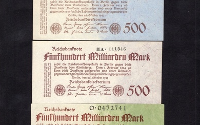 Germany. Weimar. Reichsbanknote. 500 Milliarden Mark. 1923 Ninth Issue group: P-127a (2). EF an...