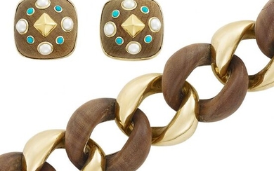 Gold and Wood Curb Link Bracelet, Aldo Del Noce, and Pair of Gold, Wood, Turquoise and Cultured Pearl Earclips, Trianon
