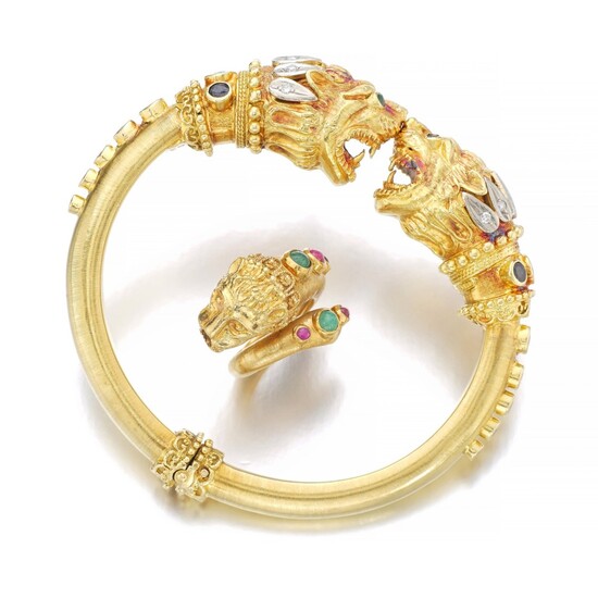 Gold and gem-set bracelet, Ilias Lalaounis, and a ring