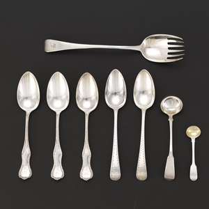 Group of Five Sterling Silver George III English Serving Pieces and Three Serving Spoons by Hennegen, Bates & Co.