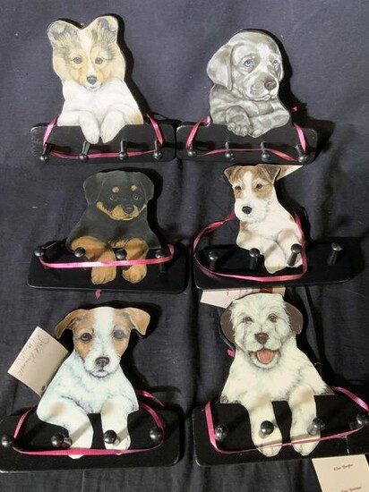Grp 6 Hand Painted Puppy Wall Hooks, New