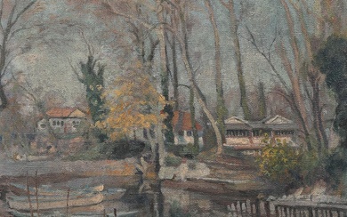 HENRI THIRIET (1873-1946). Joinville-le-Pont, barques sur la Marne. Huile sur toile. 65 x 54 cm....