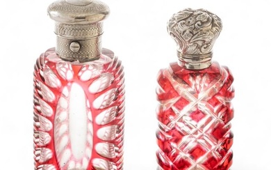 Hand Cut Crystal Cranberry Overlay Perfume Bottles, Sterling Caps Ca. 1900, H 3.5" W 3" 2 pcs