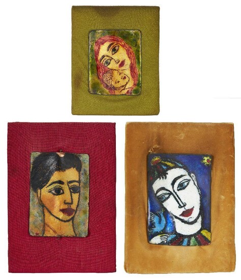 Hedda Carrington, three enamelled portrait plaques, mid 20th century, coloured enamel, copper, fabric, wood, two signed to the reverse of the mount, largest: 21.5 x 15 cm; middle 20cm x 14cm; smallest 15cm x 21.5cm (ARR)