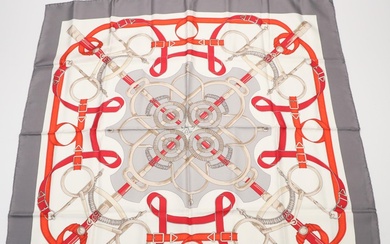 Hermès "Eperon d'or" Silver and Red Silk Scarf