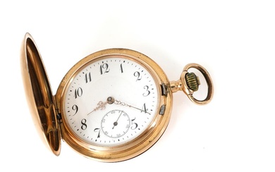 Hunter-case pocket watch of 14k gold. Lever escapement and crown-winding. White enamel...