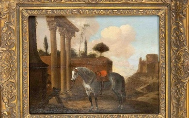Ital. painter of the 18th c., ''The horse thief'', Ital. Landscape with ancient ruins and tethered