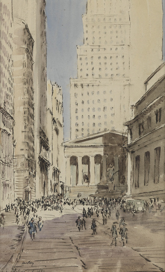 JAMES McBEY Sub-Treasury Building, New York. Watercolor and brush and ink on paper,...