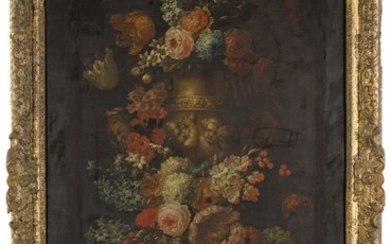 JAN BAPTIST BOSSCHAERT | Still life of flowers including tulips, roses, and turban rannunuculous, in a stone urn decorated with putti, all on a stone ledge