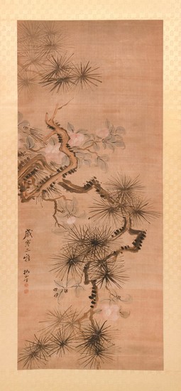 JAPANESE SCROLL PAINTING ON SILK Depicts flowering dogwood and pine tree branches. Signed and seal marked lower left. 47.5" x 20".