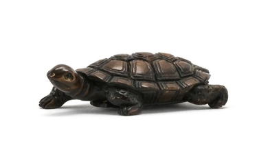 JAPANESE WOOD NETSUKE In the form of a turtle. Signed on base. Length 2".