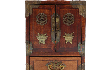 JEWELRY BOX. Wood with brass fittings. China, 20th century. In the form of miniature cabinets.