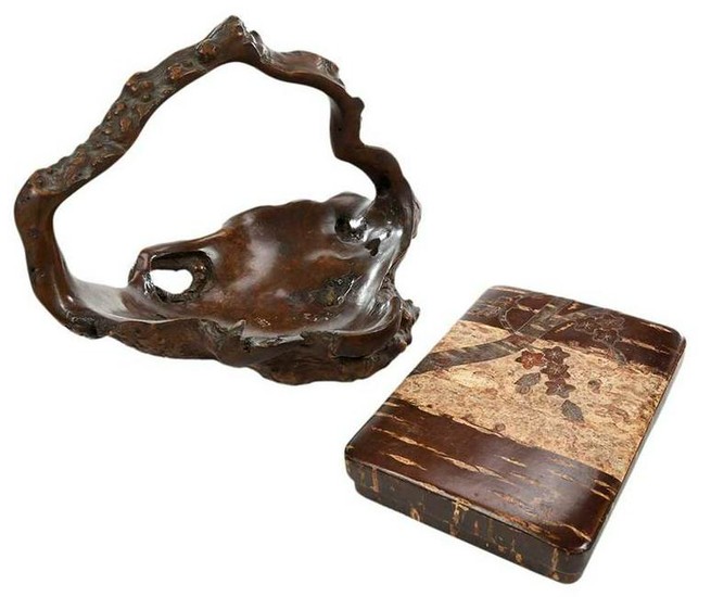 Japanese Lacquer Box and Burl Wood Tea Basket