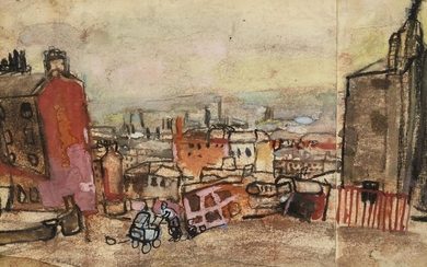 Joan Eardley RSA, Scottish 1921–1963 - Scene near Port Dundas; watercolour, ink and pastel on two joined pieces of paper, 14 x 21.43 cm (ARR) Provenance: with New Charing Cross Gallery, Glasgow; private collection and thence by descent Exhibited:...