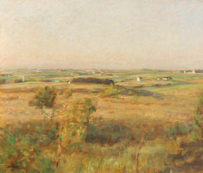 Julius Paulsen: Landscape with view of houses and fields. Signed Jul. Paulsen. Oil on canvas. 55×65 cm.