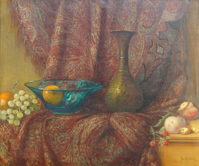Jurrien Marinus Beek, Dutch 1879-1965- Still life of a brass vase and blue glass bowl; oil on canvas, signed lower right, 50.5 x 60.5 cm (ARR) Provenance: acquired directly from the artist; thence by descent.