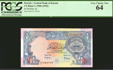 KUWAIT. Lot of (3). Central Bank of Kuwait. 1/4, 1/2 & 1 Dinar, 1968 (1992). P-17, 18 & 19. PCGS Currency Very Choice New 64 & Gem New 6...