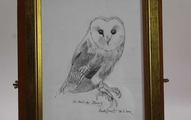 *Keith Grant (b.1930) two sketches of Owls, with dedications to Jenny, dated 2012 and 2014, in glazed gilt frames