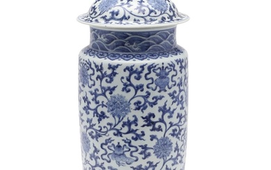 LARGE CHINESE BLUE & WHITE LIDDED JAR. Probably late 19thc b...