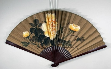 LARGE CHINESE HAND-PAINTED FAN OF YELLOW PEONIES ON HEAVY BROWN PAPER